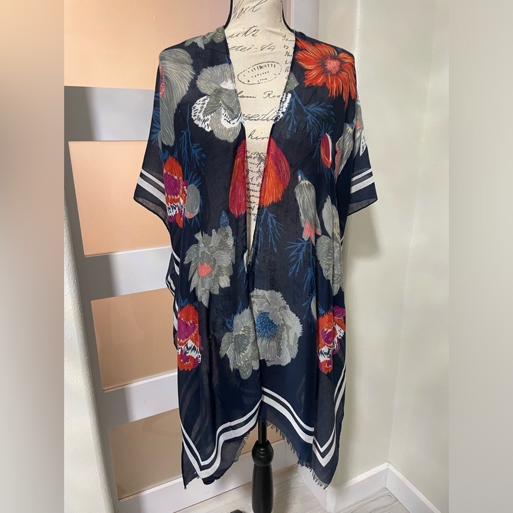 🧑🎄Woven Heart Women's Navy Blue Red Floral Kimono Open Front Lightweight Slits